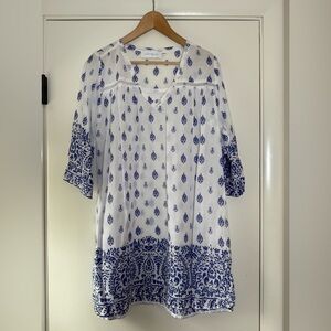 Walker & Wade Block Print Bohemian Tunic Dress Split V-Neck Blue White Small